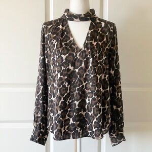 Trina Turk Silk Leopard Print High Neck Long Sleeve Abundant Blouse Size Medium